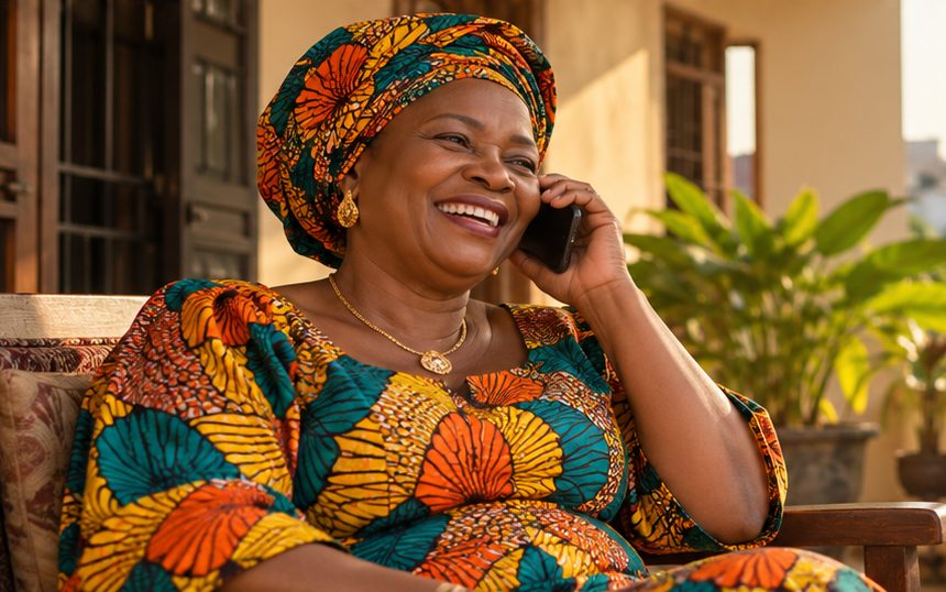 A woman in a colourful headwrap on a veranda in Lagos, laughing as she answers her phone