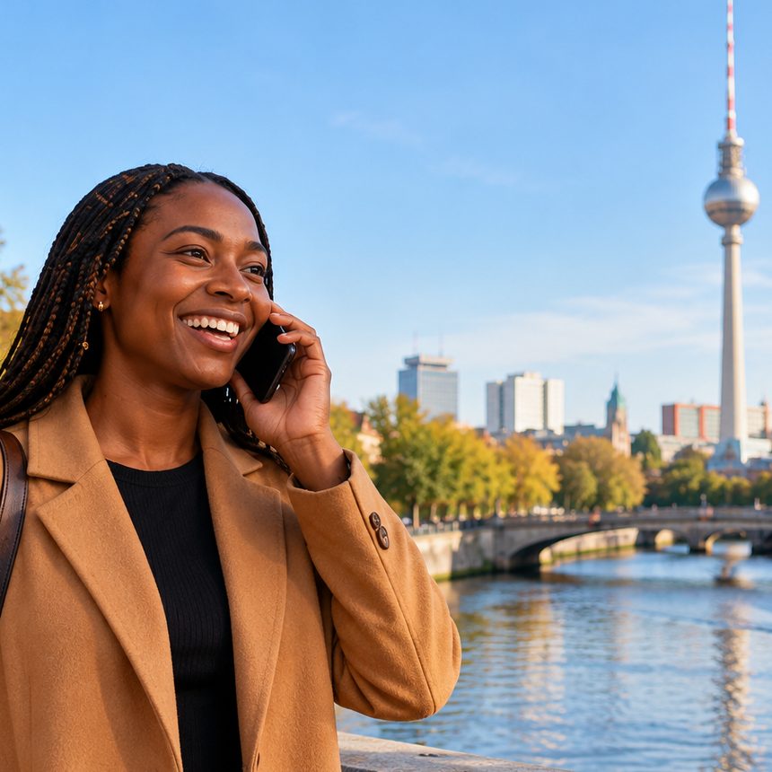 A caller in Germany smiling as they talk on the phone