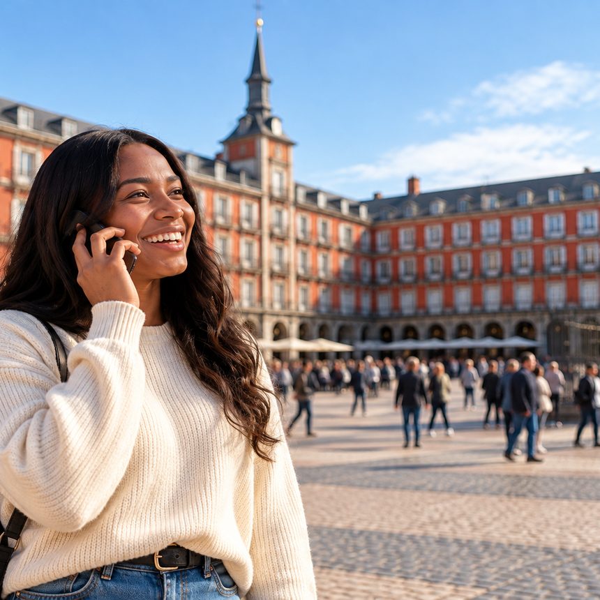 A caller in Spain smiling as they talk on the phone