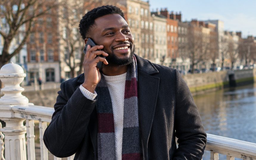 A man on a bridge over the River Liffey in Dublin, smiling as he talks on his phone