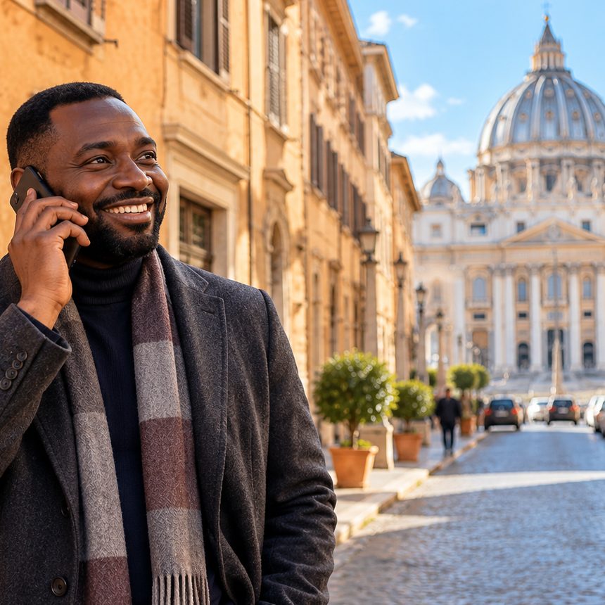 A caller in Italy smiling as they talk on the phone