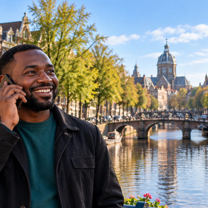 A caller in the Netherlands smiling as they talk on the phone